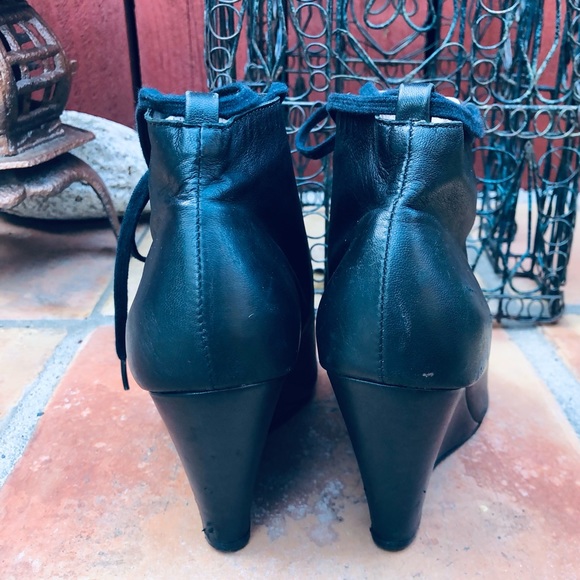 Joie Lace Up Open Toe Wedge Ankle Leather Booties Size 7 Black Heel 4” - Picture 4 of 13